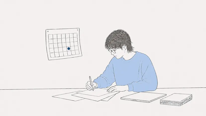 数日後、別の作業をしている人物のそばで、カレンダーの一日に小さな印がついている。